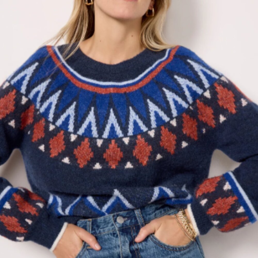 Sundry Fair Isle Crewneck Wool Blend Sweater Blue White Medium